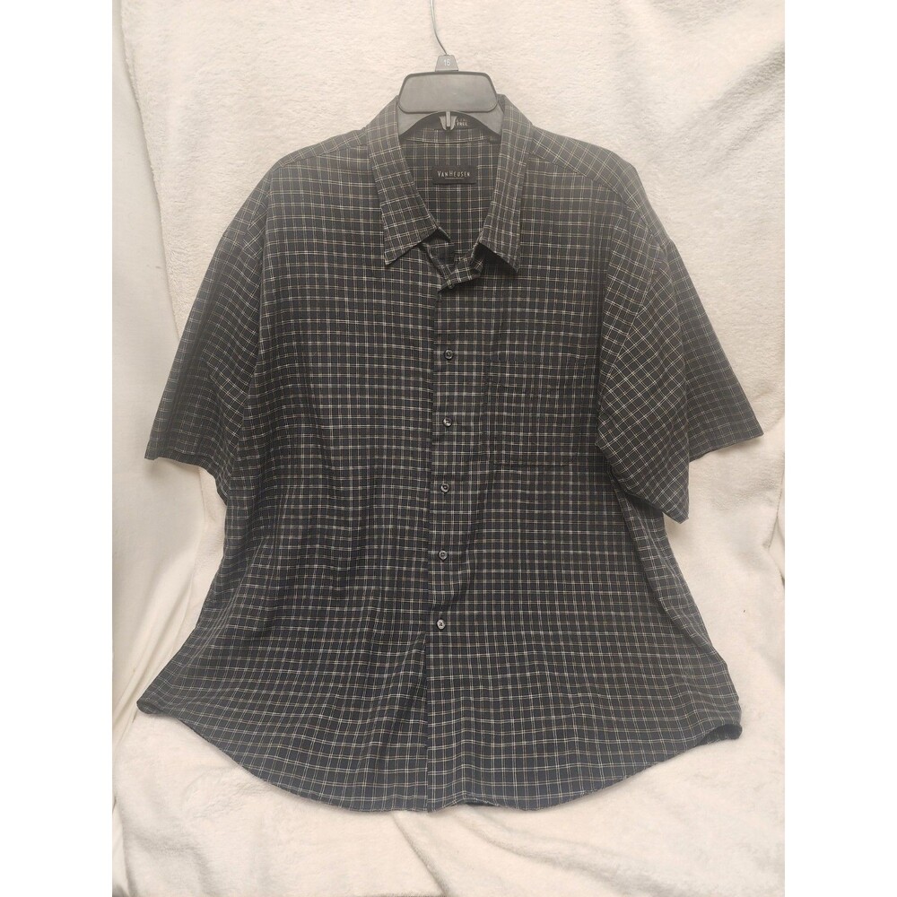 Van Heusen Black Plaid Dress Shirt Wrinkle Free Men  XXL 18-18.5 Short Sleeve